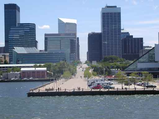 East Ninth St. Pier - July 7, 2009. The triangular-shaped building at the far right is the Rock & Roll Hall of Fame.